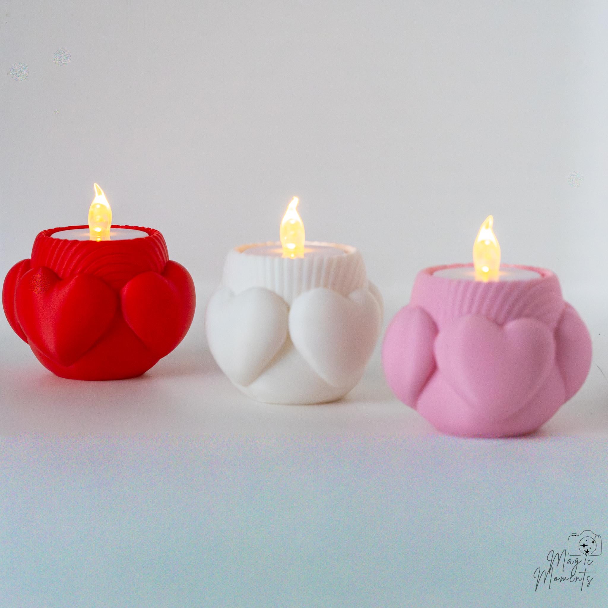 Heart shaped tealight holder display with Valentine themed colours