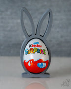 Grey bunny stand holding chocolate egg display