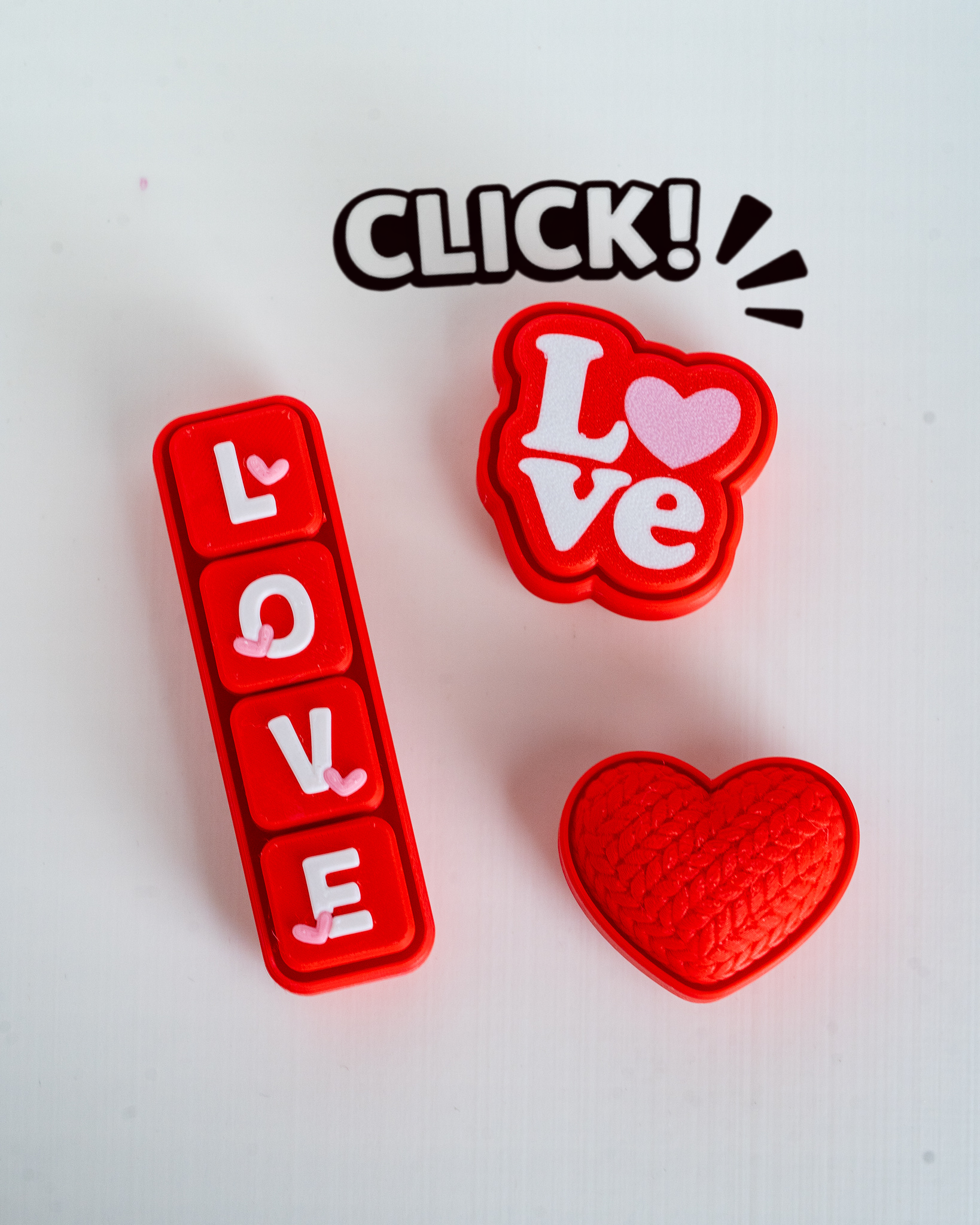 3D printed Valentine clicker collection with love themed decorations