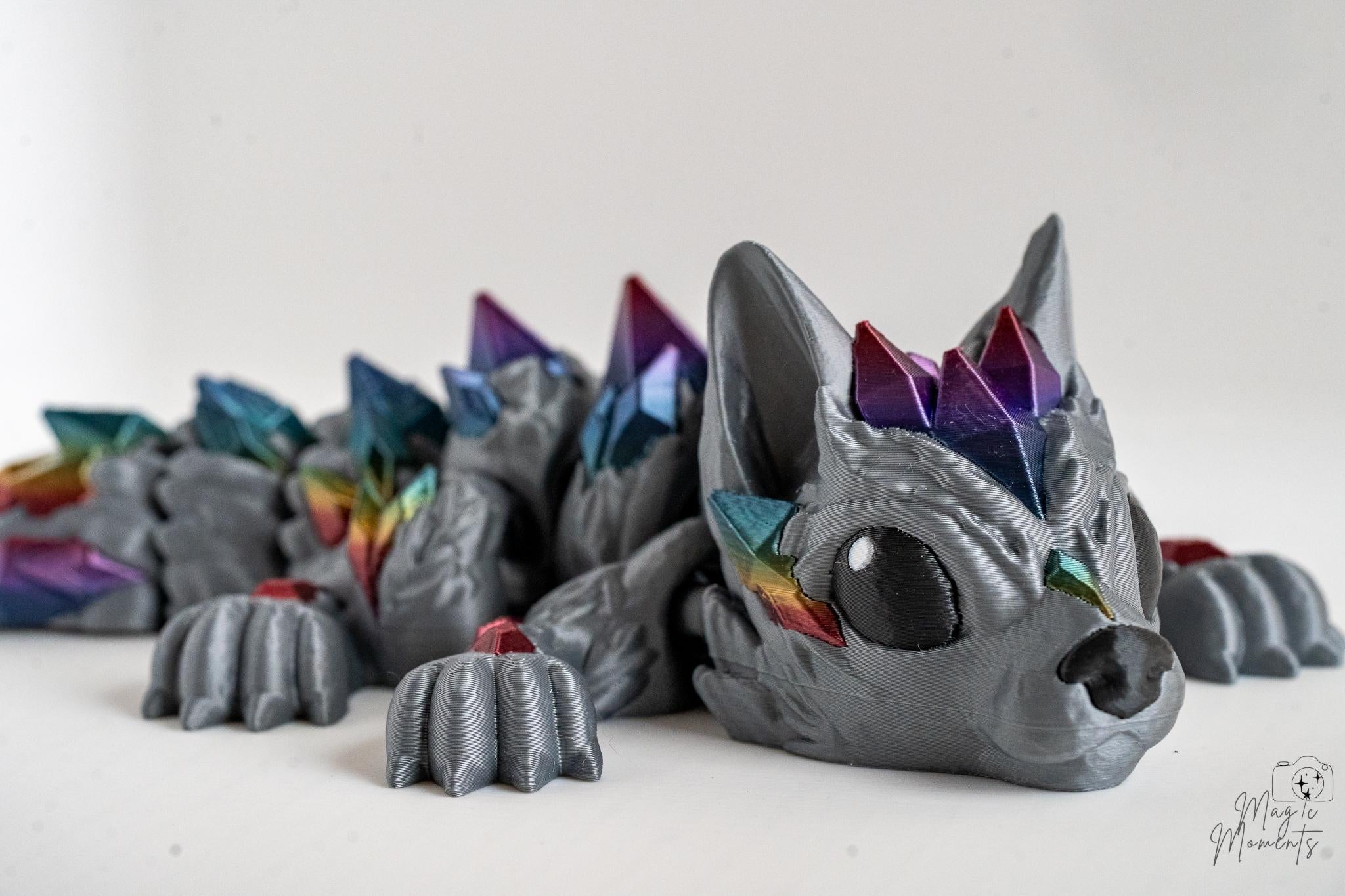 3d printed articulated crystal wolf front view flexible wolf figure