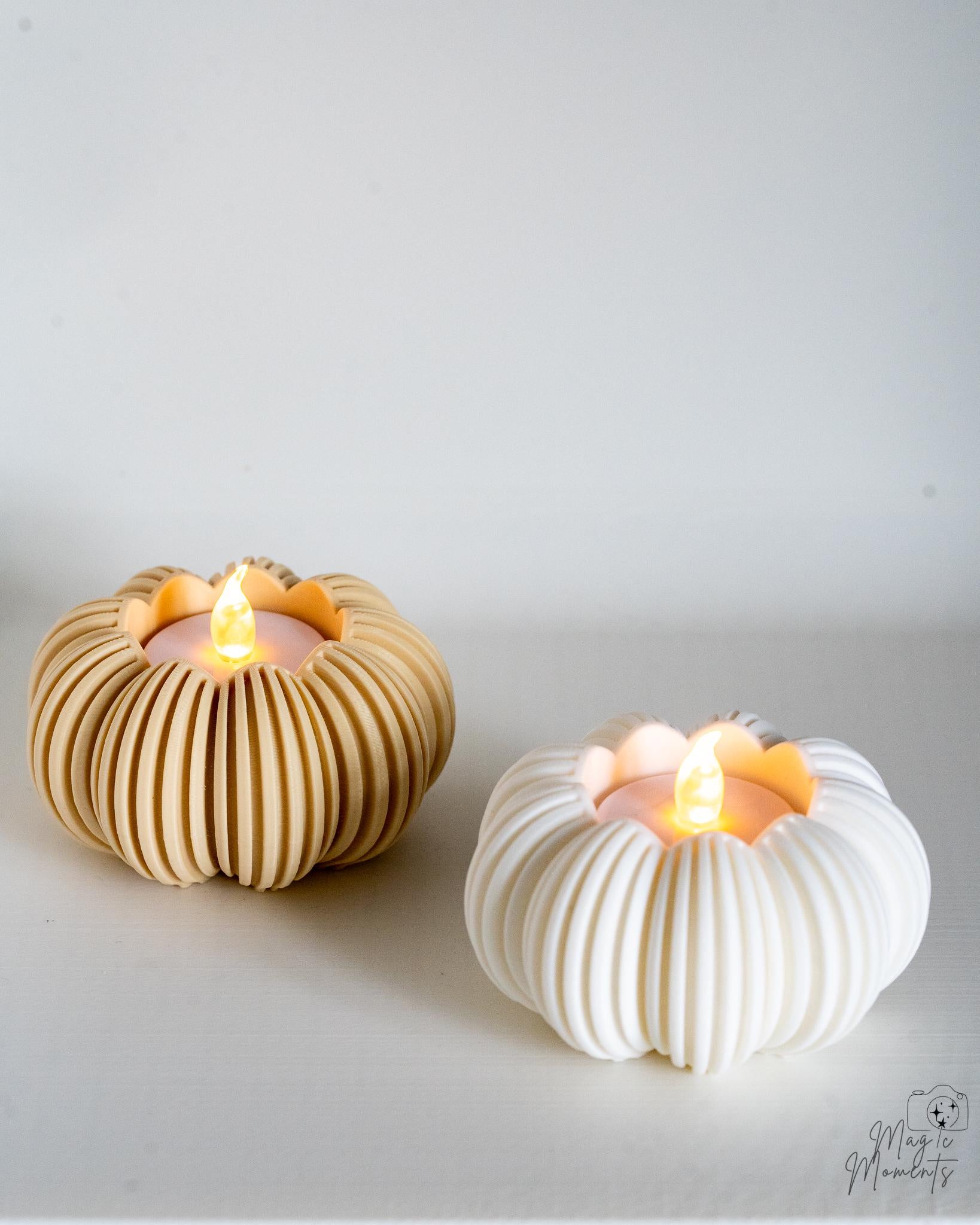 Beige and white pumpkin candle holder set