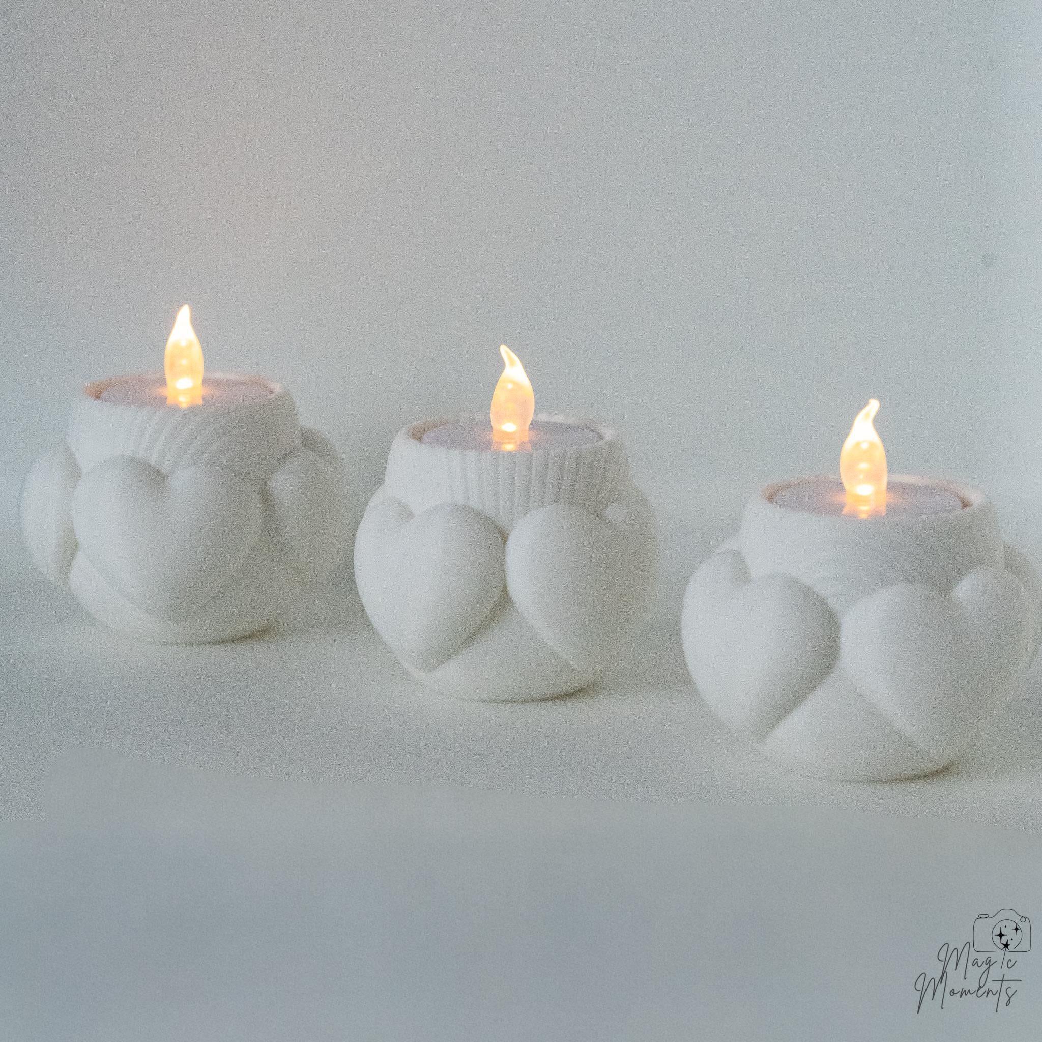 White heart tealight holder trio with LED candles