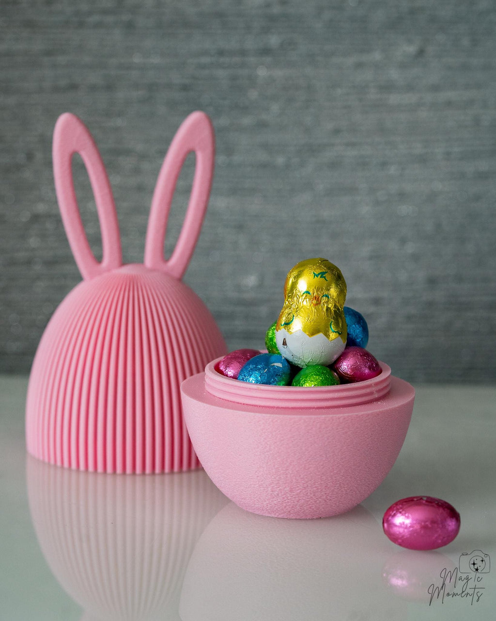 Pink bunny egg container with Easter chocolate treats
