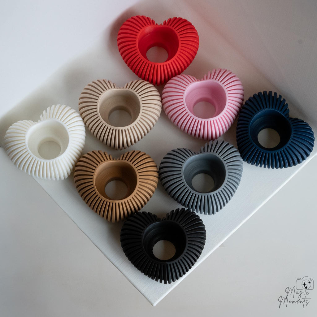 3D printed heart candle holders for LED tealights in multiple colours
