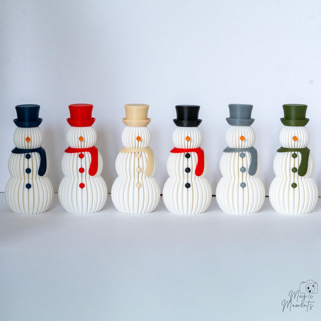 Set of six decorative snowmen with different colored hats and scarves on a white background.