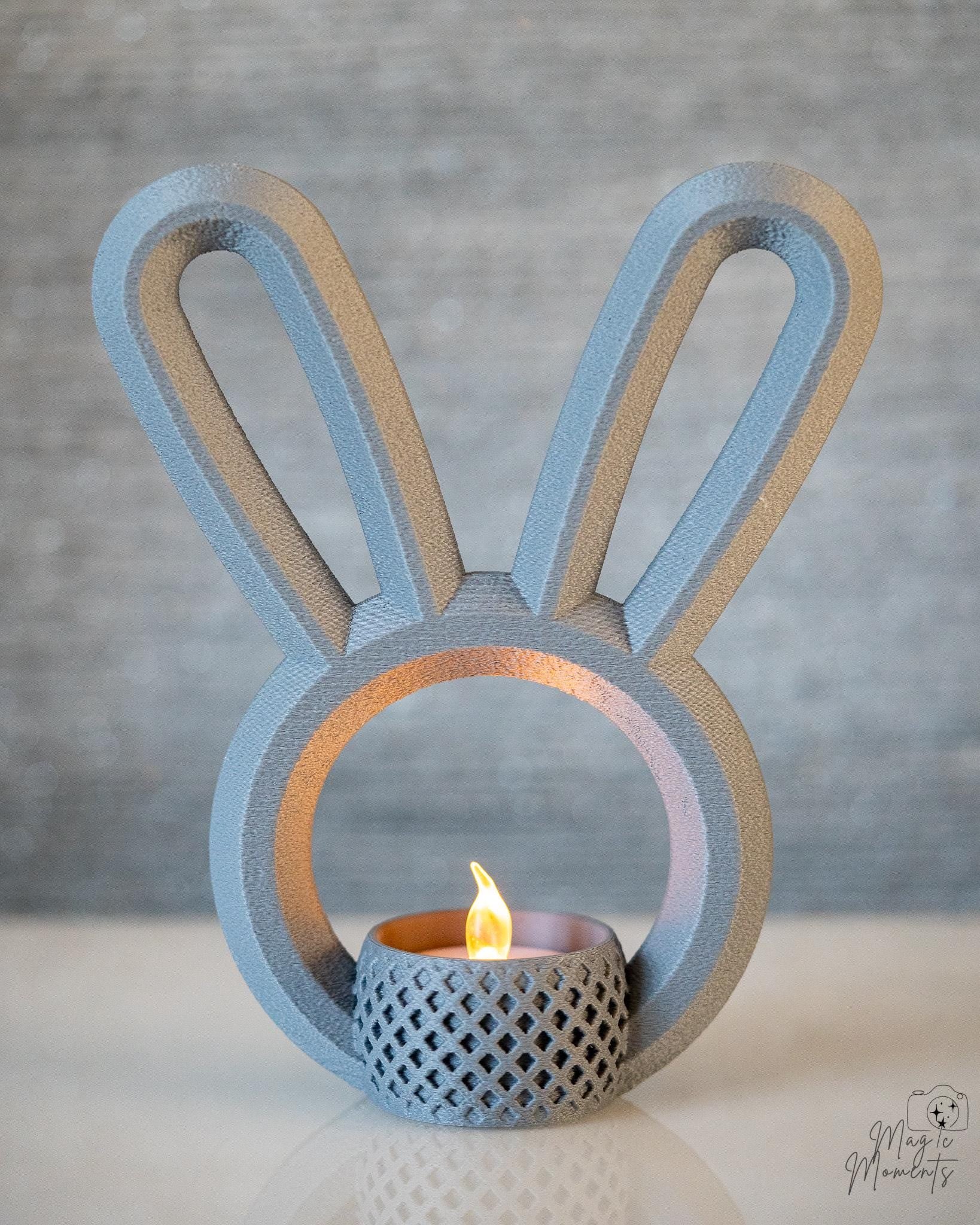 Light grey bunny ear candle holder with LED tealight