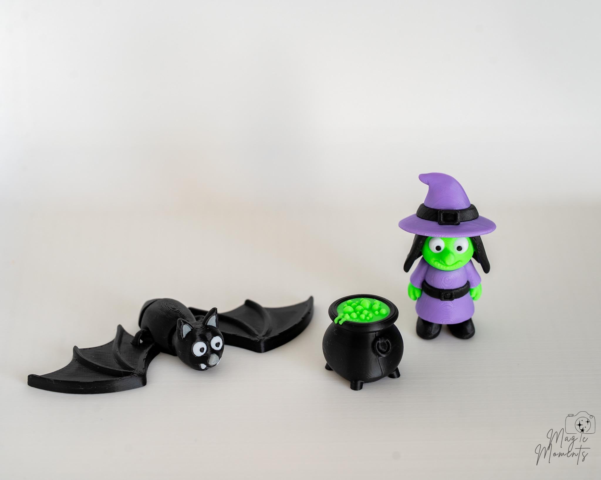 halloween figures set witch bat cauldron 3d printed