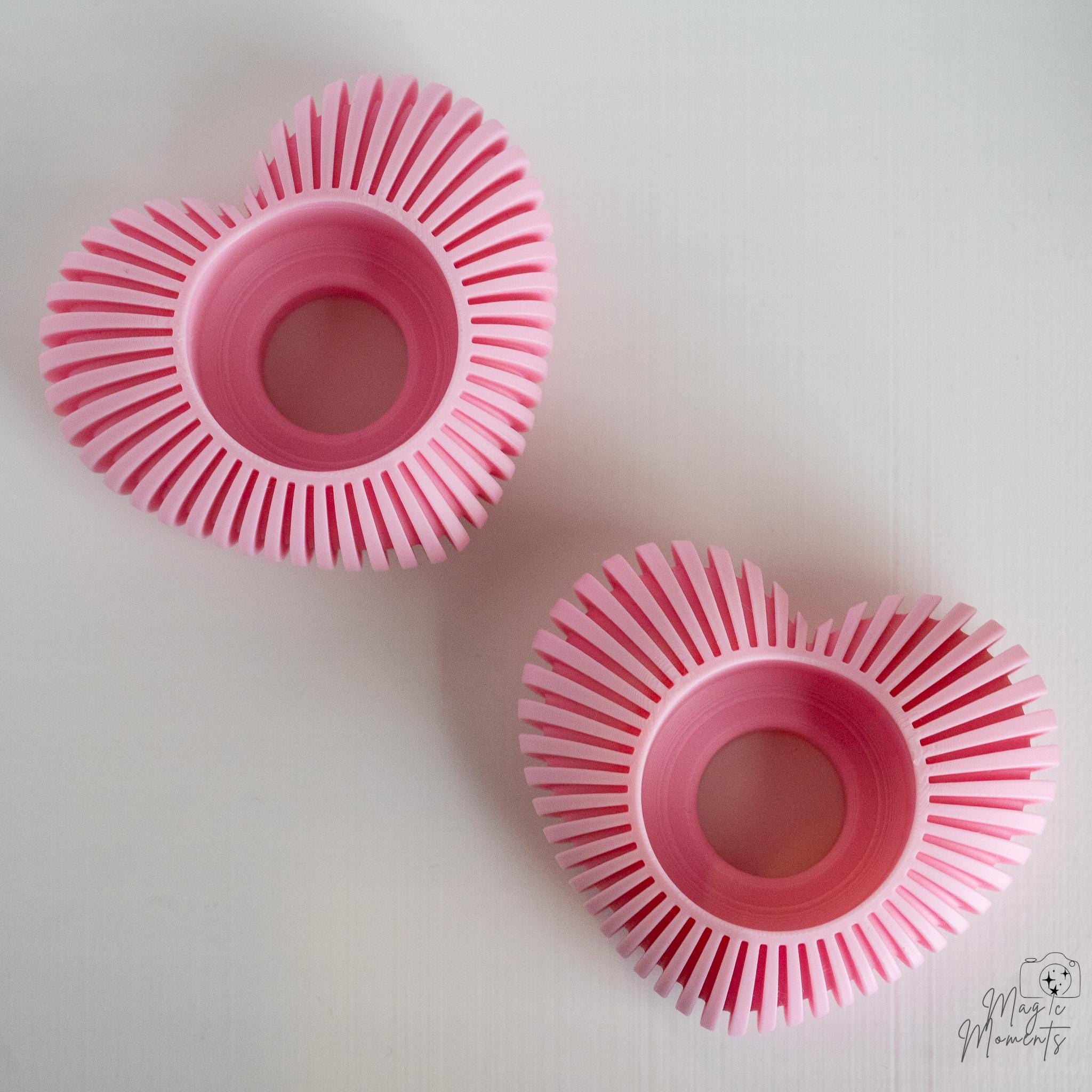 Pink heart tealight holder top view with ribbed texture detail