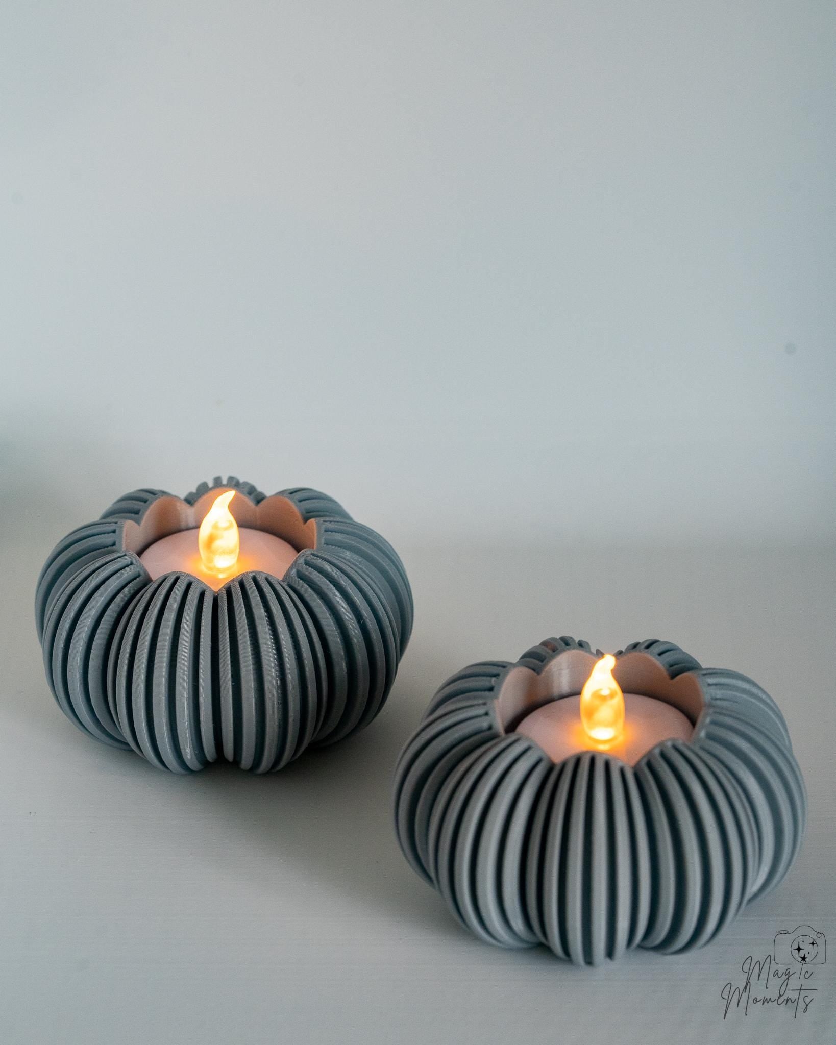 Grey pumpkin tealight holder set with LED candles