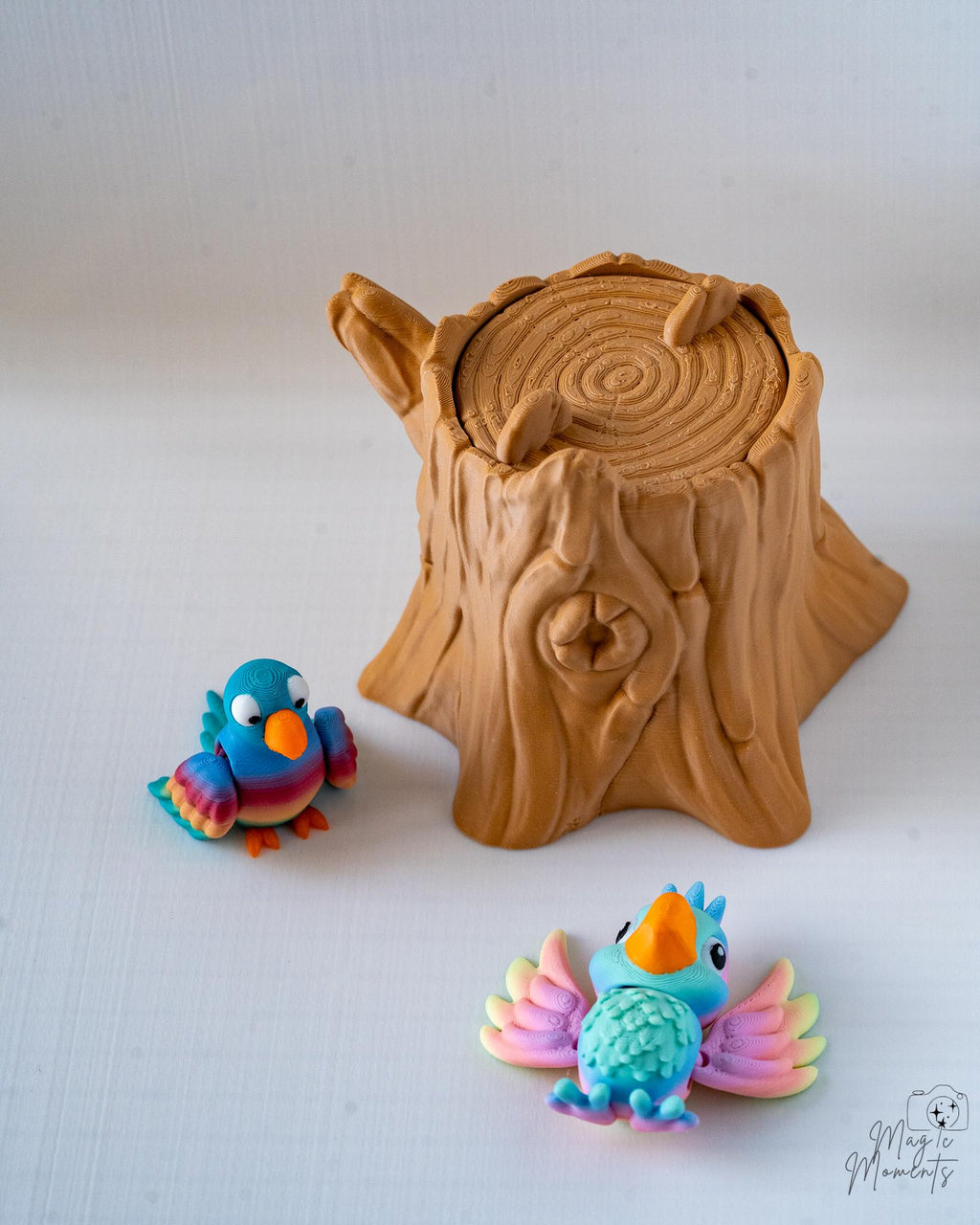 cute bird figurine set with tree stump 3d printed woodland decor