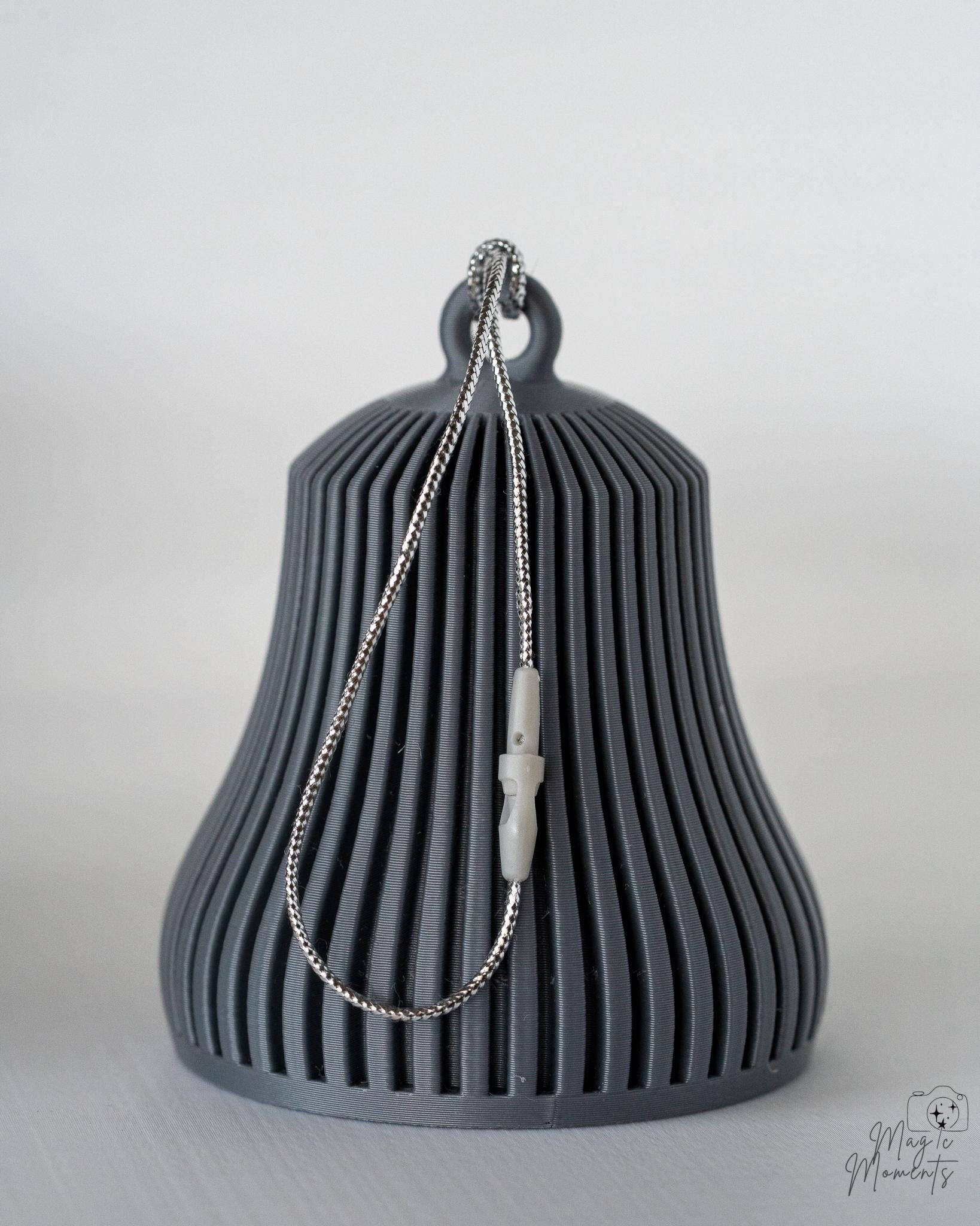 grey ribbed christmas bell ornament