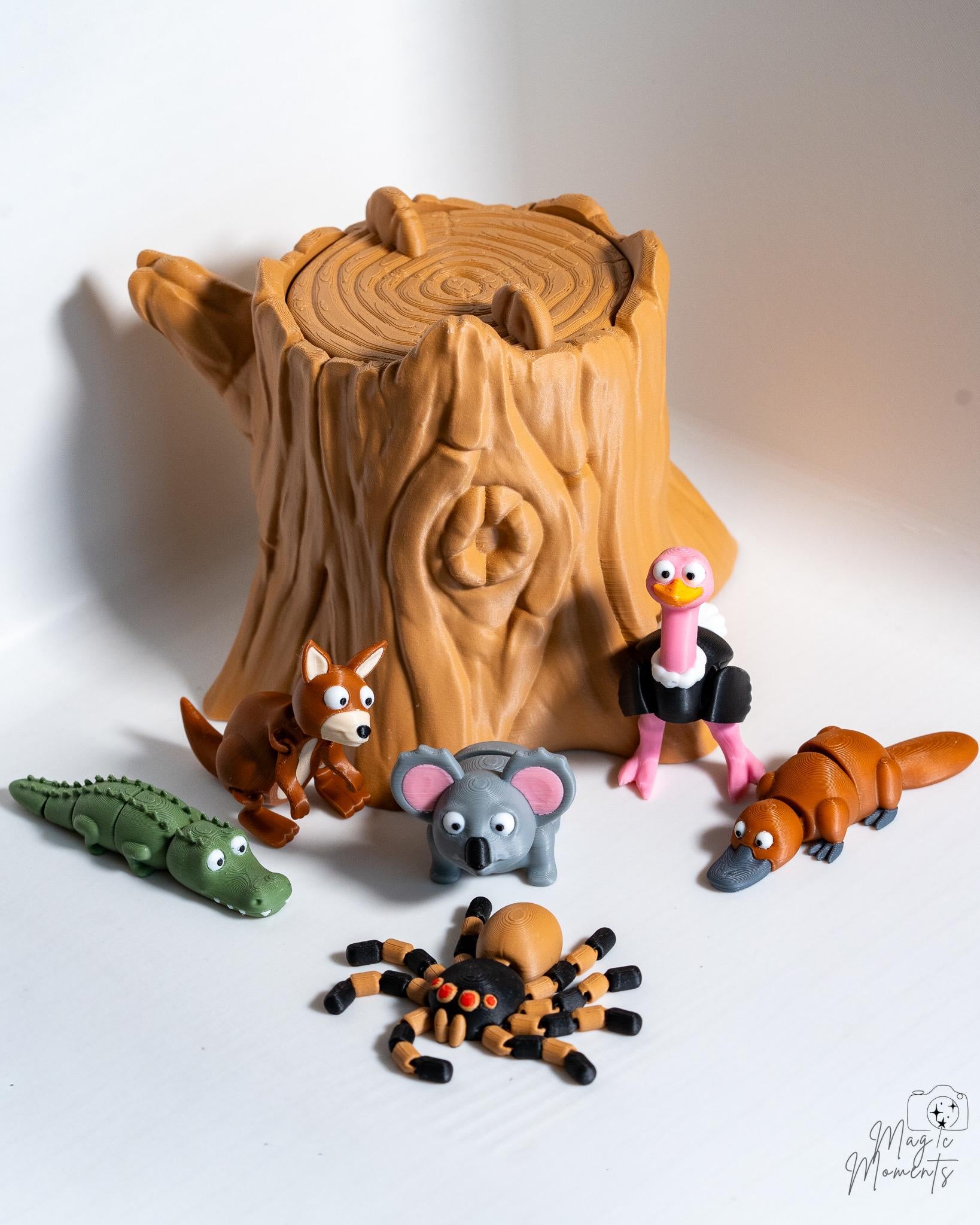 australian animal figurine set 3d printed forest creatures with tree stump