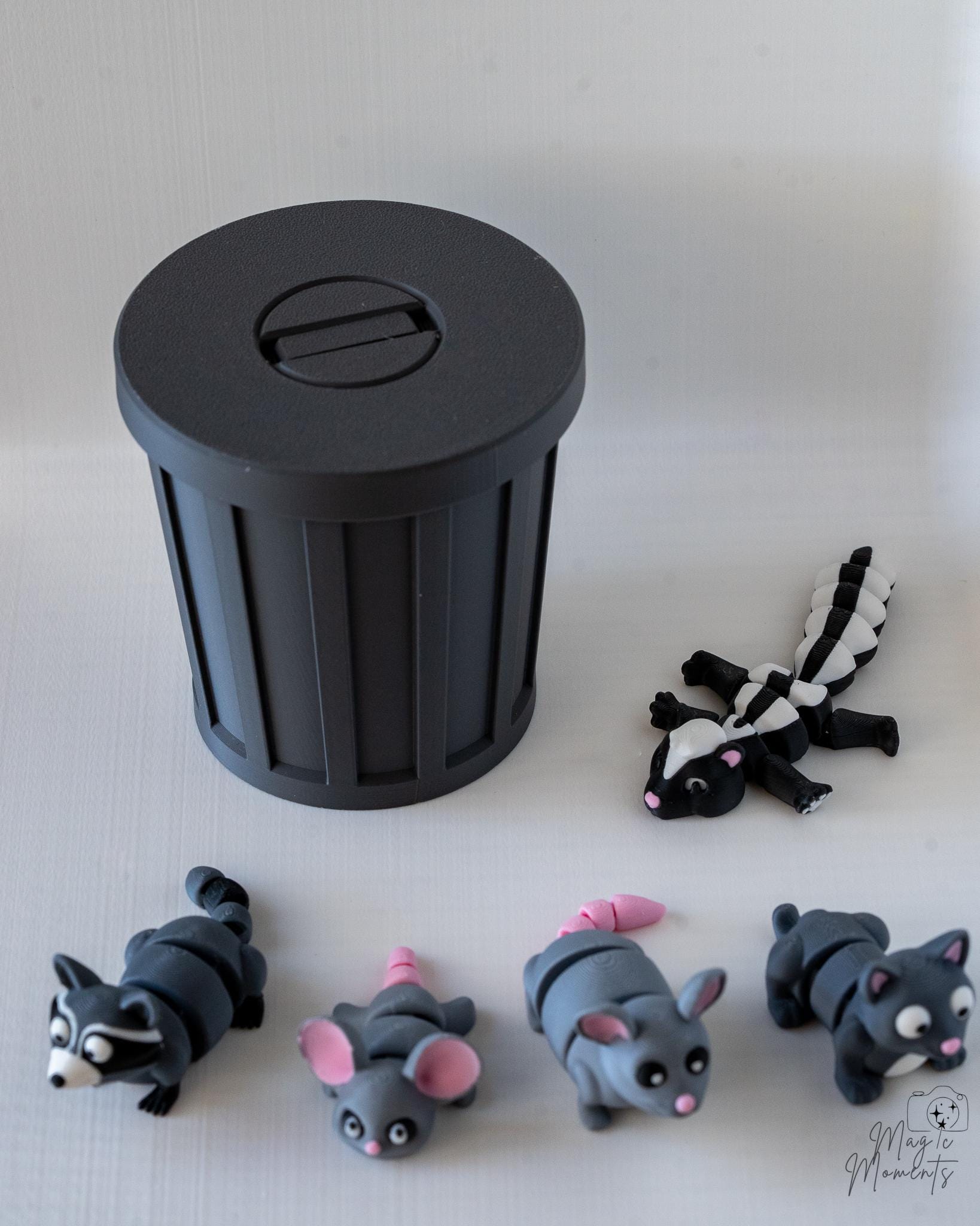 Cute trash animal figure set with raccoon mouse cat and skunk designs