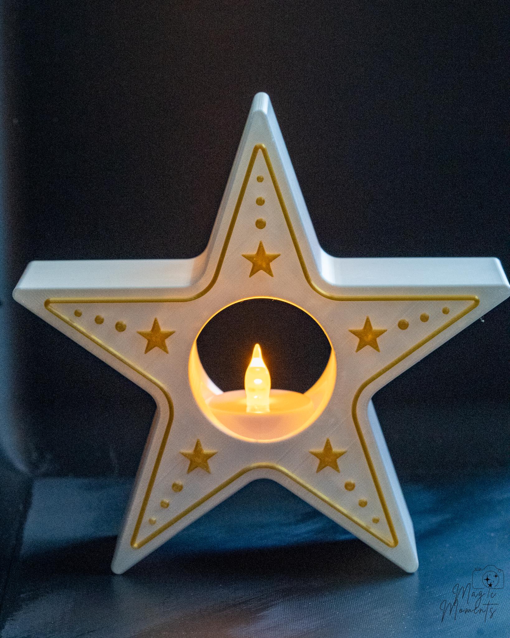 Star-shaped candle holder with a tealight LED inside on a dark background